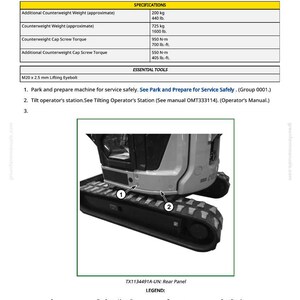 Pu&ograve; includere: Pagina di un manuale che illustra la rimozione e l'installazione del contrappeso. Include specifiche di peso e coppia, insieme a un diagramma del pannello posteriore e delle viti a testa. Il testo include misure in chilogrammi e Newtonmetri.