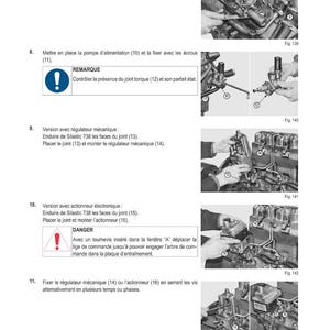 Puede incluir: Un diagrama t&eacute;cnico detallado con instrucciones en franc&eacute;s para la intervenci&oacute;n mec&aacute;nica. La imagen muestra componentes del motor, diagramas y texto, que detallan los procedimientos de montaje y las advertencias de seguridad.