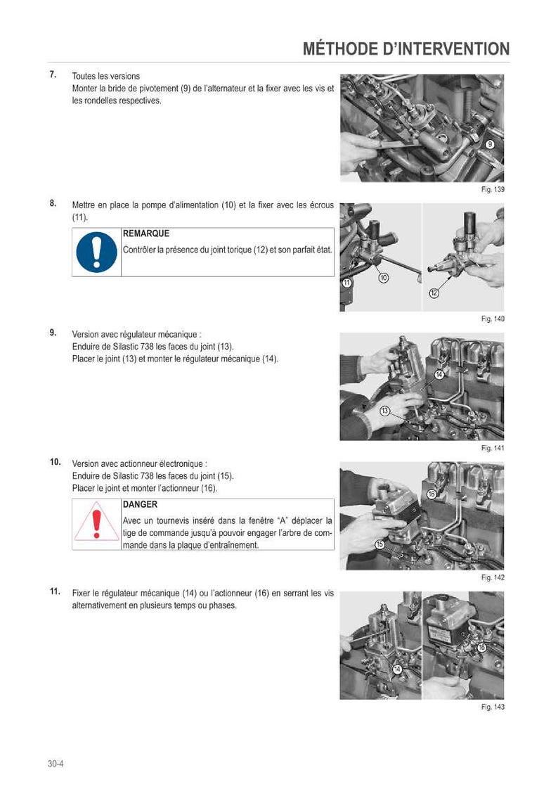 Puede incluir: Un diagrama t&eacute;cnico detallado con instrucciones en franc&eacute;s para la intervenci&oacute;n mec&aacute;nica. La imagen muestra componentes del motor, diagramas y texto, que detallan los procedimientos de montaje y las advertencias de seguridad.