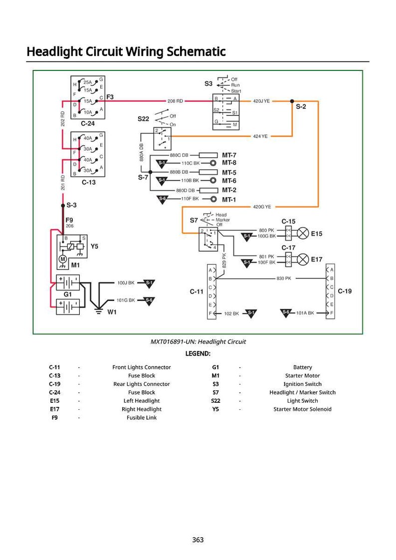 May include: A detailed headlight circuit wiring schematic with labeled components, including fuses, connectors, and switches. The diagram uses a variety of colors and symbols to represent the electrical pathways and connections.