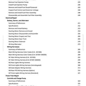 May include: A detailed table of contents from a manual, listing various automotive repair procedures. Sections include fuel system, electrical repair, wiring harnesses, and power train repair. The page numbers are listed on the right.