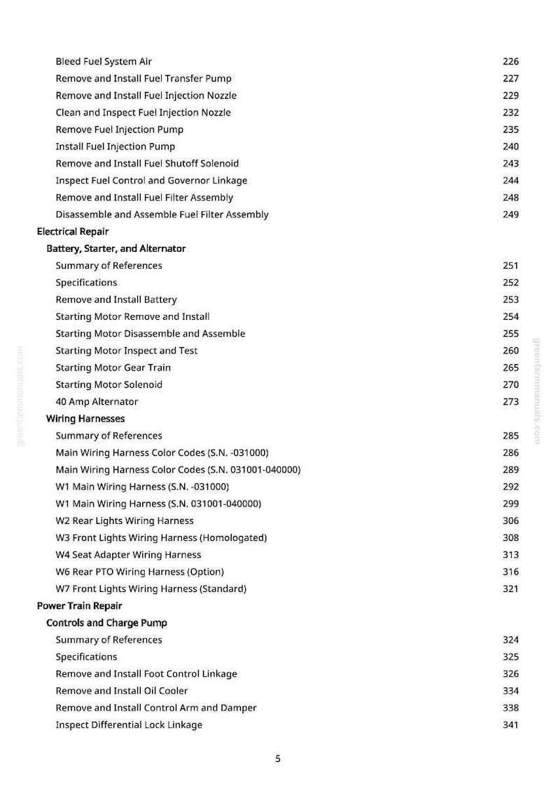 May include: A detailed table of contents from a manual, listing various automotive repair procedures. Sections include fuel system, electrical repair, wiring harnesses, and power train repair. The page numbers are listed on the right.