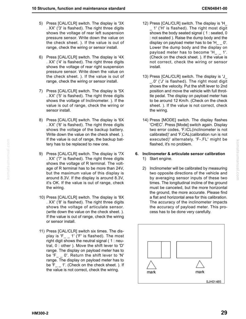 May include: A page from a manual with instructions for calibrating an inclinometer and articulate sensor. The text includes steps for checking wiring and sensor installation, with diagrams and technical details.
