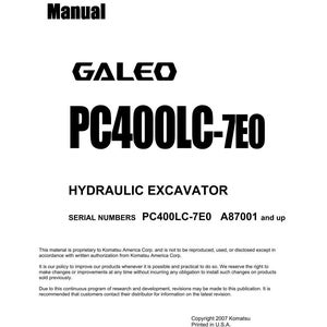 May include: A white shop manual for a hydraulic excavator. The cover displays the brand name "GALEO" and the model "PC400LC-7E0" in bold black text. The manual includes serial numbers and copyright information.