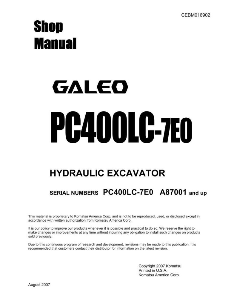 May include: A white shop manual for a hydraulic excavator. The cover displays the brand name "GALEO" and the model "PC400LC-7E0" in bold black text. The manual includes serial numbers and copyright information.