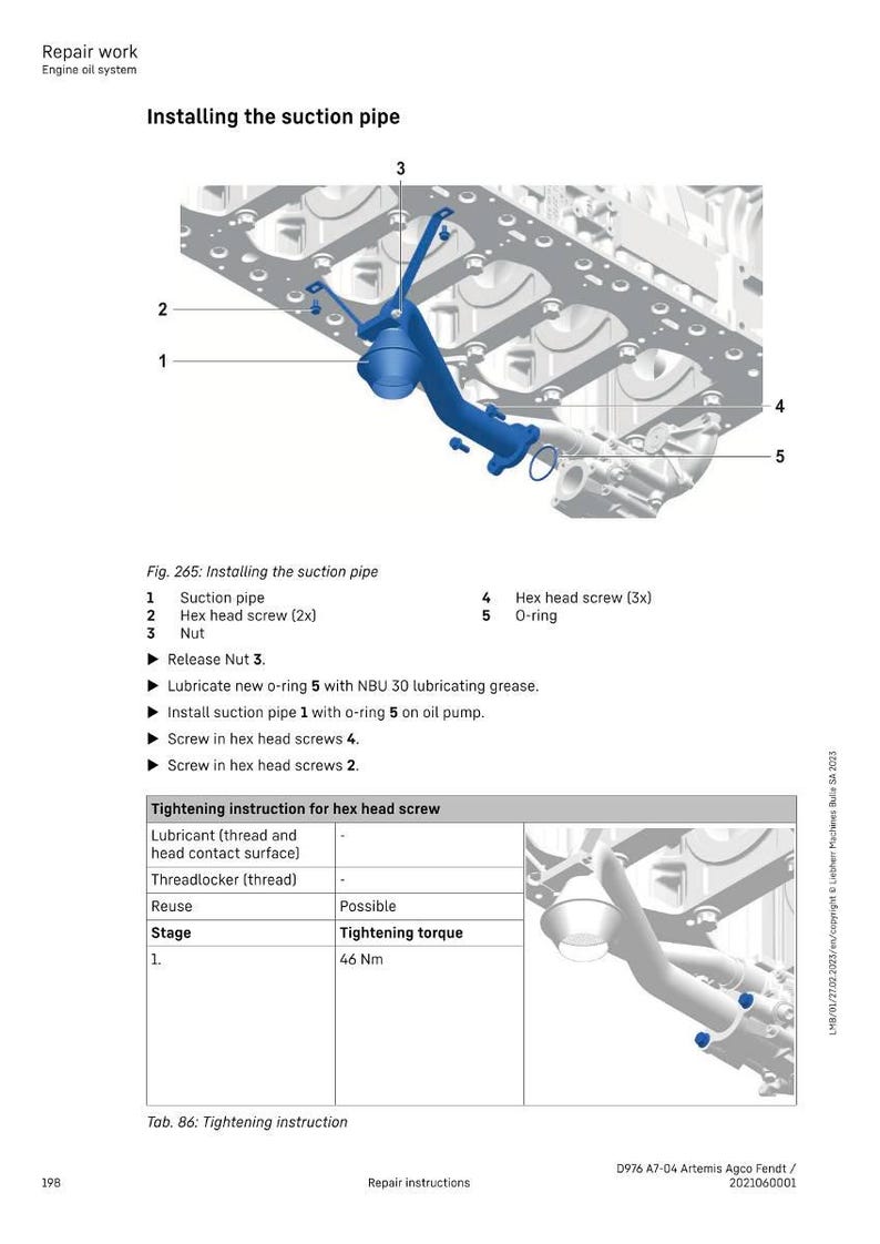 K&ouml;nnte beinhalten: Diagramm zur Installation eines Ansaugrohrs in einem Motor&ouml;lsystem. Das Bild zeigt ein blaues Ansaugrohr, Sechskantschrauben und einen O-Ring. Der Text enth&auml;lt Anweisungen und Anzugsdrehmomentangaben von 46 Nm.
