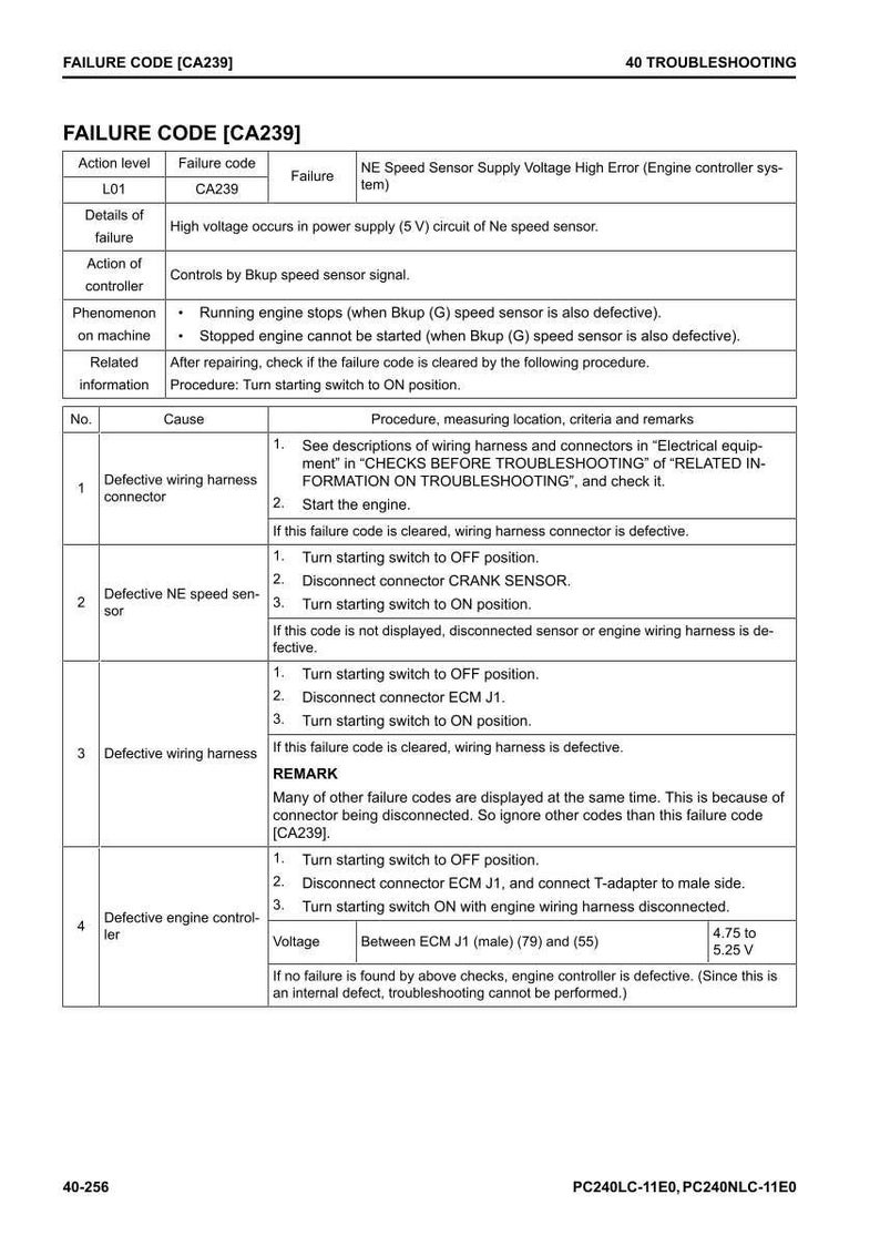 May include: A troubleshooting guide page with the title "FAILURE CODE [CA239]" and a table detailing failure codes, causes, and procedures. The page includes voltage measurements and diagnostic steps for engine control issues.