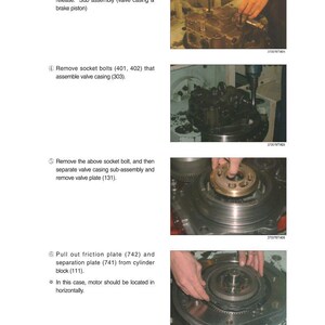 May include: An instructional page from a manual detailing mechanical procedures. The images show hands working on engine components, including valve casings, bolts, and plates. Text instructions accompany each step, guiding the assembly or disassembly process.
