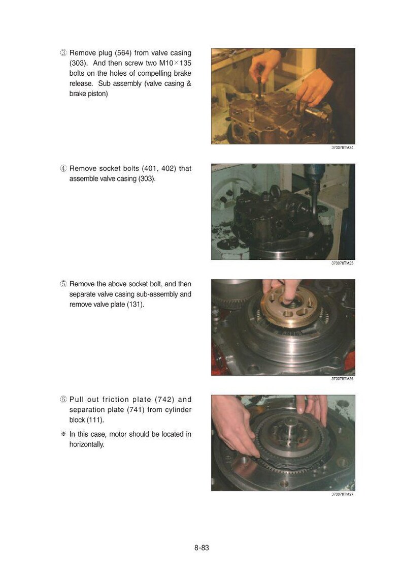 May include: An instructional page from a manual detailing mechanical procedures. The images show hands working on engine components, including valve casings, bolts, and plates. Text instructions accompany each step, guiding the assembly or disassembly process.