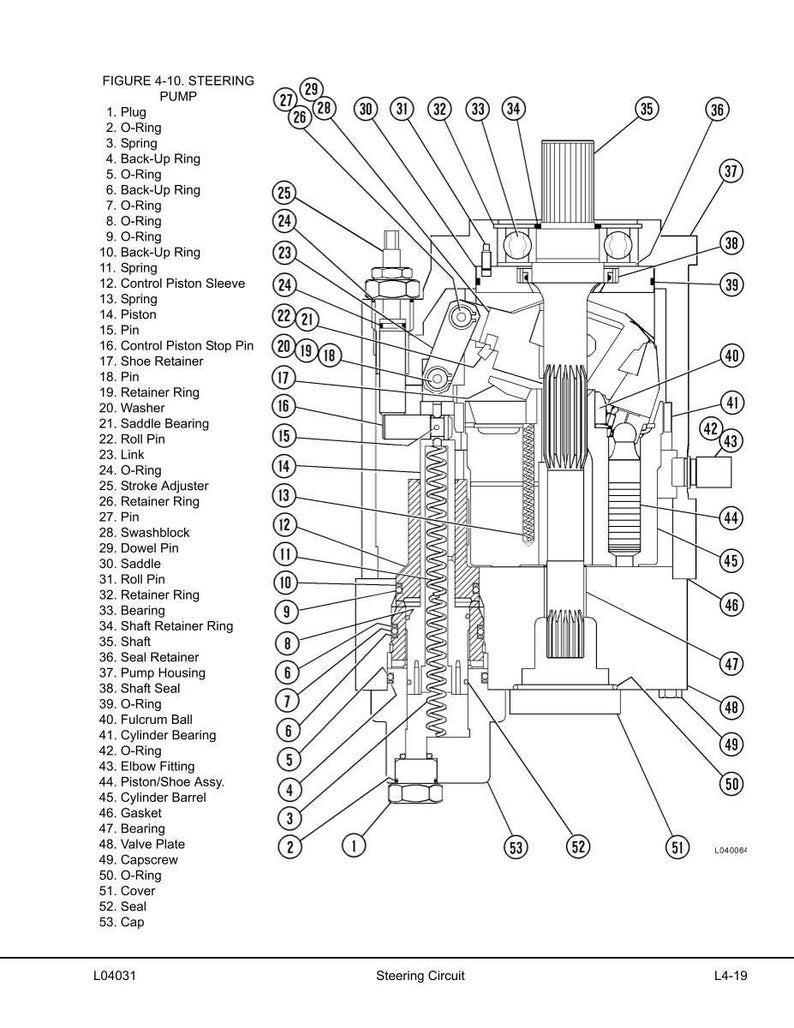 May include: Detailed diagram of a steering pump, labeled "Figure 4-10." The black and white illustration shows various components, including rings, springs, pistons, and bearings. Text labels identify each part for technical reference.