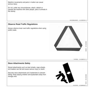 May include: A safety manual page with three sections. The first section advises maintaining a safety area around machinery. The second section advises observing road traffic regulations. The third section advises storing attachments safely.
