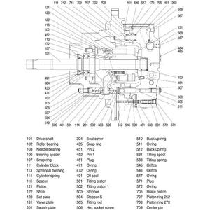 May include: Detailed technical diagram of a travel motor structure, labeled with part numbers and names. Includes components like drive shaft, piston, cylinder block, and various rings and seals. The diagram is in black and white.