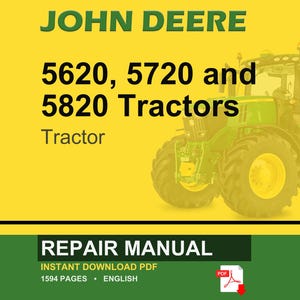 Pode incluir: Uma capa de manual de repara&ccedil;&atilde;o John Deere com um trator verde e amarelo. O texto diz "JOHN DEERE 5620, 5720 e 5820 Tractors" e "REPAIR MANUAL". O fundo &eacute; amarelo com uma faixa verde.