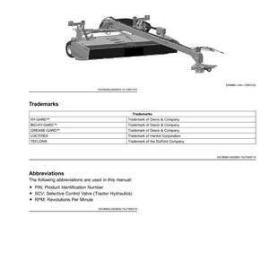 May include: An illustration of a piece of agricultural machinery, likely a mower or similar implement, with a detailed diagram. The image includes text labeling parts and components, along with a list of trademarks and abbreviations.