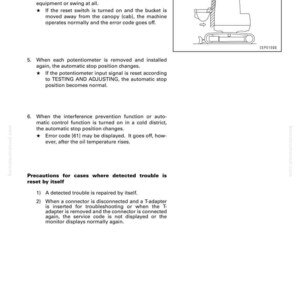 May include: A troubleshooting guide page with text and a diagram of a construction vehicle. The text includes instructions for resolving issues related to the vehicle's bucket and reset switch.