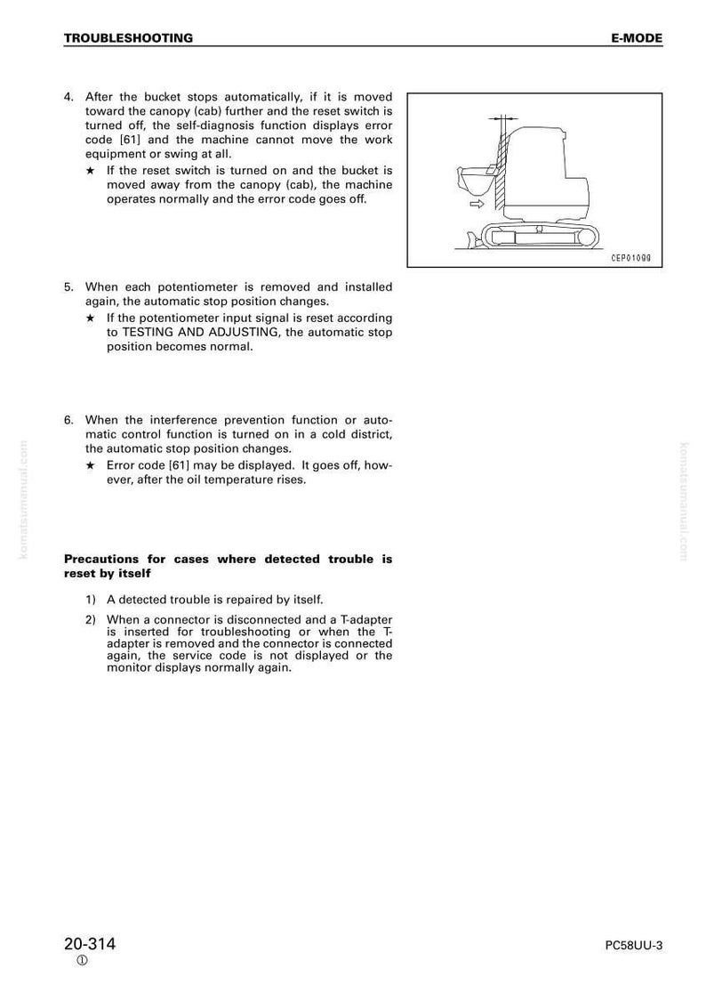 May include: A troubleshooting guide page with text and a diagram of a construction vehicle. The text includes instructions for resolving issues related to the vehicle's bucket and reset switch.