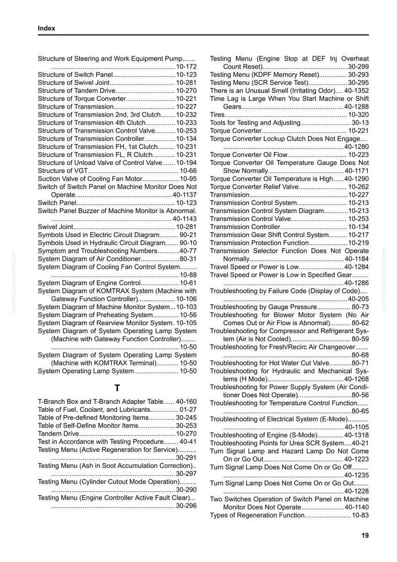May include: A page from an index, listing various mechanical system components and troubleshooting topics. The text includes terms like "Torque Converter," "Transmission," and "Engine Control," with corresponding page numbers.