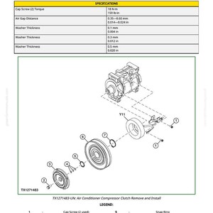 Op de afbeelding: Diagram van het verwijderen en installeren van de airconditioningcompressorkoppeling. Bevat specificaties voor koppel, luchtspleetafstand en ringdikte in mm. Voorzien van gelabelde onderdelen.