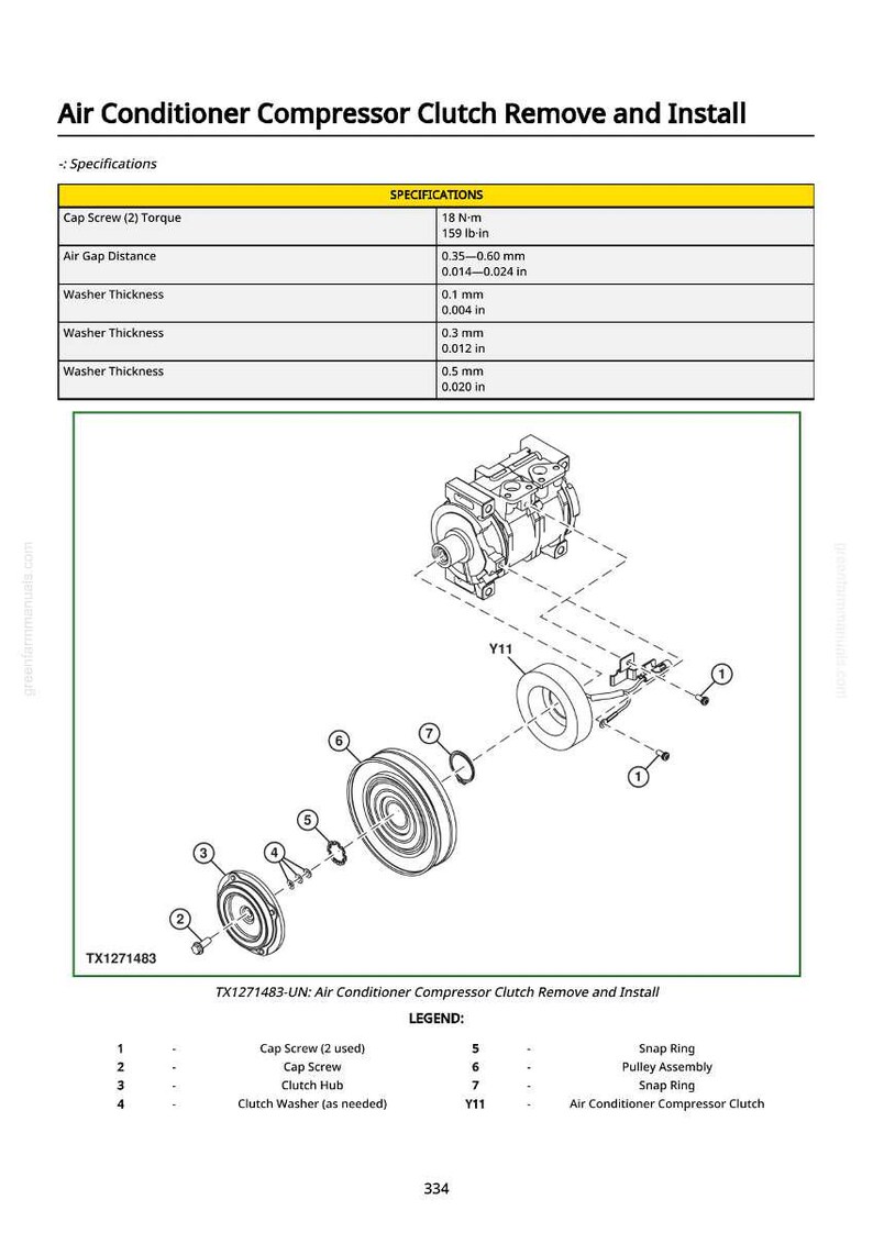 Op de afbeelding: Diagram van het verwijderen en installeren van de airconditioningcompressorkoppeling. Bevat specificaties voor koppel, luchtspleetafstand en ringdikte in mm. Voorzien van gelabelde onderdelen.