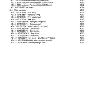 May include: A page from a manual with a table of contents. The document lists components, systems, and wiring harnesses. Sections include starting and preheating, instrument panels, and various wiring types, with page numbers.