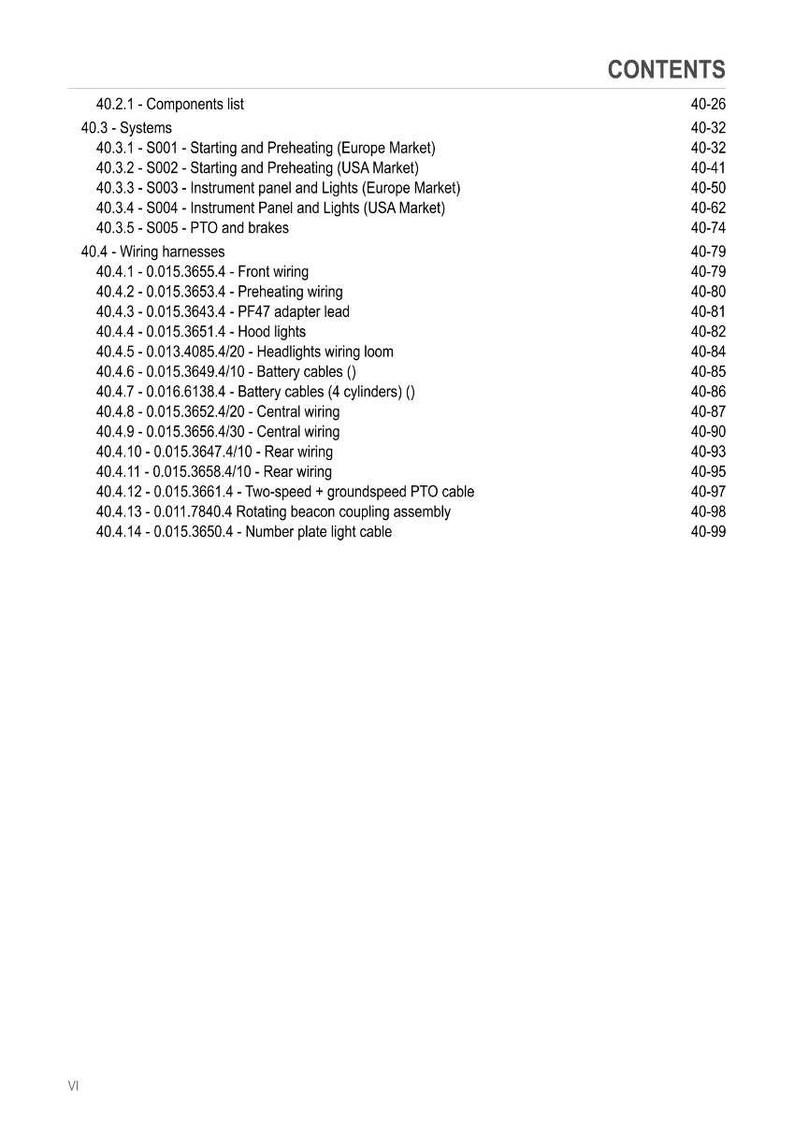May include: A page from a manual with a table of contents. The document lists components, systems, and wiring harnesses. Sections include starting and preheating, instrument panels, and various wiring types, with page numbers.