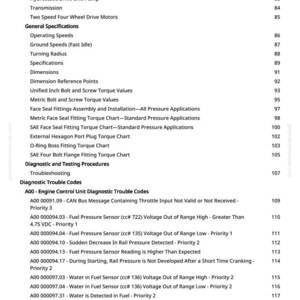 May include: A manual page detailing engine specifications and diagnostic trouble codes. The text is black on a white background, with sections on operating speeds and fuel pressure sensors. Measurements are not included.