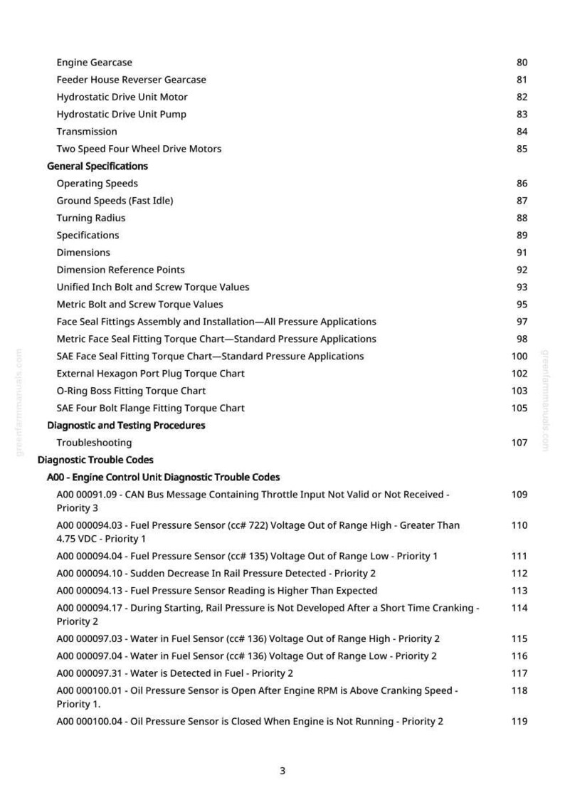 May include: A manual page detailing engine specifications and diagnostic trouble codes. The text is black on a white background, with sections on operating speeds and fuel pressure sensors. Measurements are not included.
