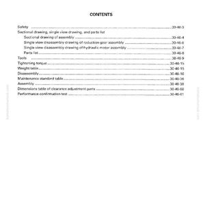 May include: A white document titled "DISASSEMBLY, ASSEMBLY OF TRAVEL MOTOR GM09VL2" with a table of contents. The document includes sections on safety, sectional drawings, tools, tightening torque, and disassembly.