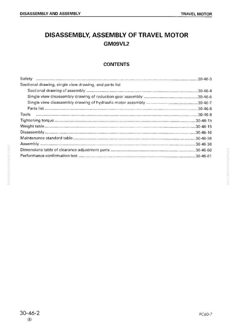 May include: A white document titled "DISASSEMBLY, ASSEMBLY OF TRAVEL MOTOR GM09VL2" with a table of contents. The document includes sections on safety, sectional drawings, tools, tightening torque, and disassembly.