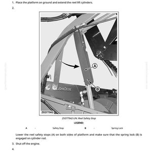 May include: Diagram illustrating the removal and installation of an auger pivot support on a John Deere agricultural machine. The image features labels for safety stops and spring locks, with maintenance instructions.