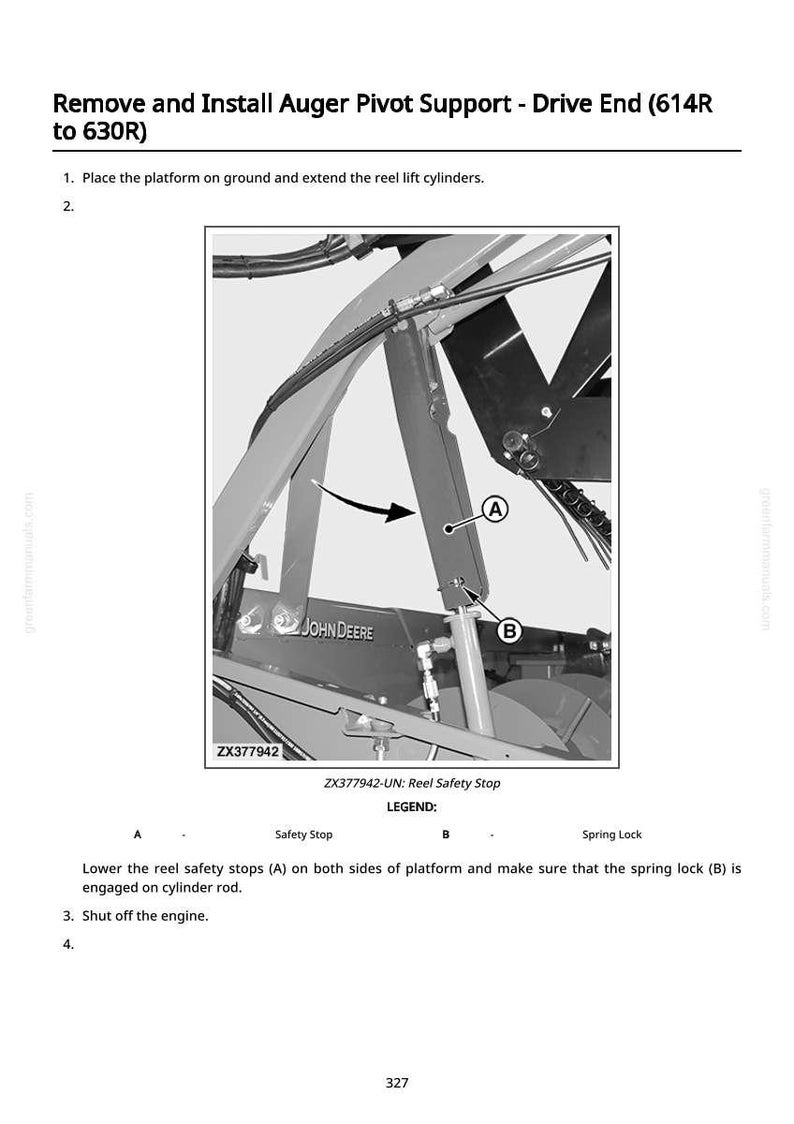 May include: Diagram illustrating the removal and installation of an auger pivot support on a John Deere agricultural machine. The image features labels for safety stops and spring locks, with maintenance instructions.