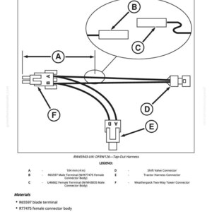K&ouml;nnte beinhalten: Diagramm eines modifizierten Tap-Out-Kabelbaums DFRW126 mit den Bezeichnungen A bis F. Enth&auml;lt Messungen von 10,4 cm. Das Diagramm enth&auml;lt auch eine Legende mit Steckertypen und Materialien.