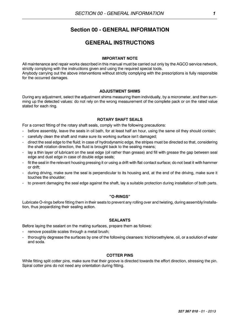 Puede incluir: P&aacute;gina de un manual titulada "INSTRUCCIONES GENERALES". El texto detalla instrucciones para calzos de ajuste, retenes rotativos, juntas t&oacute;ricas, selladores y pasadores hendidos. Documento fechado en enero de 2013.