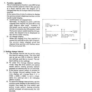 May include: A page from a machine monitor system manual, detailing the oil maintenance function. The text explains the function's operation, including elapsed time and oil change displays, and setting the change interval. Diagrams and technical terms are included.