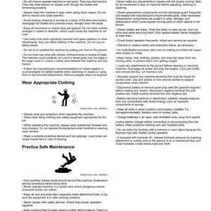 May include: A page from a safety manual with safety guidelines for operating machinery. The text includes instructions on slope operation, clothing, and maintenance. Includes illustrations of a person wearing protective gear.