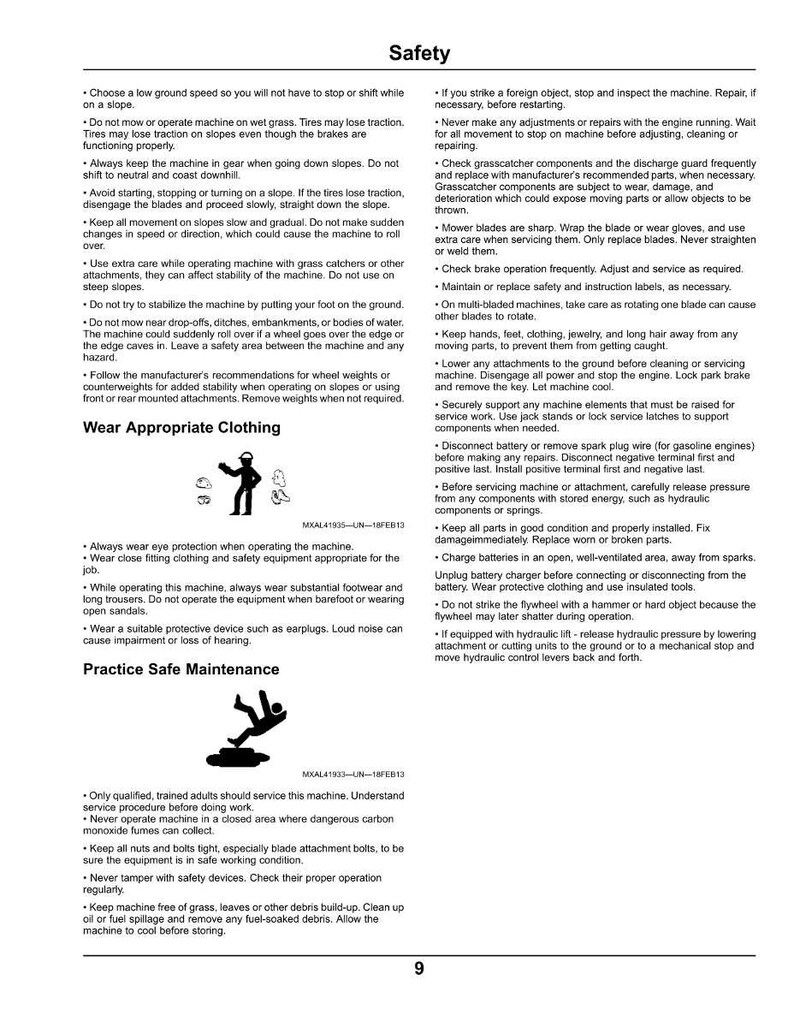 May include: A page from a safety manual with safety guidelines for operating machinery. The text includes instructions on slope operation, clothing, and maintenance. Includes illustrations of a person wearing protective gear.