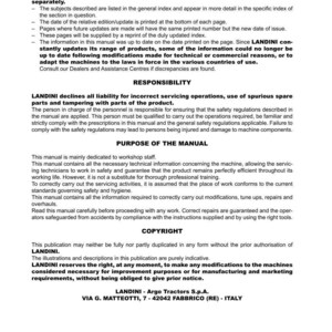 May include: Page 2 of a manual for a Landini tractor 4600, with text including an introduction, responsibility, purpose of the manual, and copyright information. The manual is dated 01-2014.