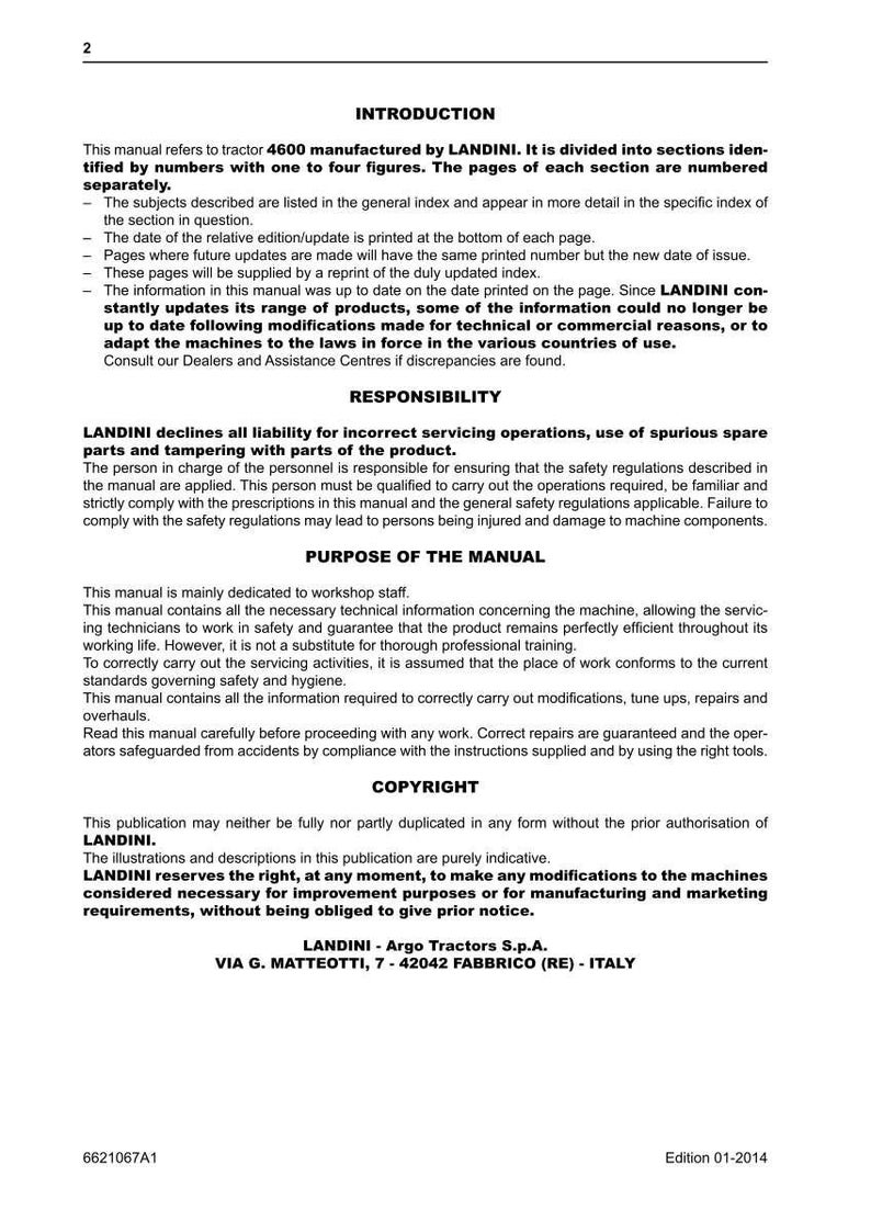 May include: Page 2 of a manual for a Landini tractor 4600, with text including an introduction, responsibility, purpose of the manual, and copyright information. The manual is dated 01-2014.