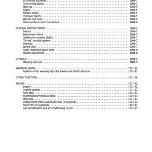 K&ouml;nnte beinhalten: Eine Seite aus einem Handbuch mit dem Titel "SECTION 1001" mit einem Inhaltsverzeichnis. Der Index umfasst Sicherheitsstandards, allgemeine Anweisungen, Symbole, Warnhinweise und andere traktorbereiche. Das Dokument ist von 02-2012.