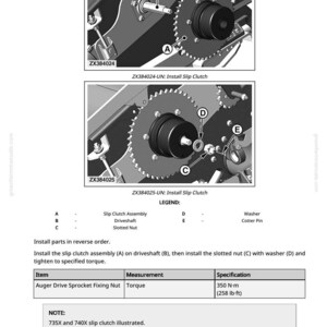 Pu&ograve; includere: Diagramma che illustra l'installazione di un gruppo frizione a slittamento. L'immagine mostra componenti meccanici dettagliati, tra cui un albero motore, un dado scanalato e una coppiglia. Il testo include istruzioni e specifiche di coppia per il dado di fissaggio della ruota dentata della coclea.