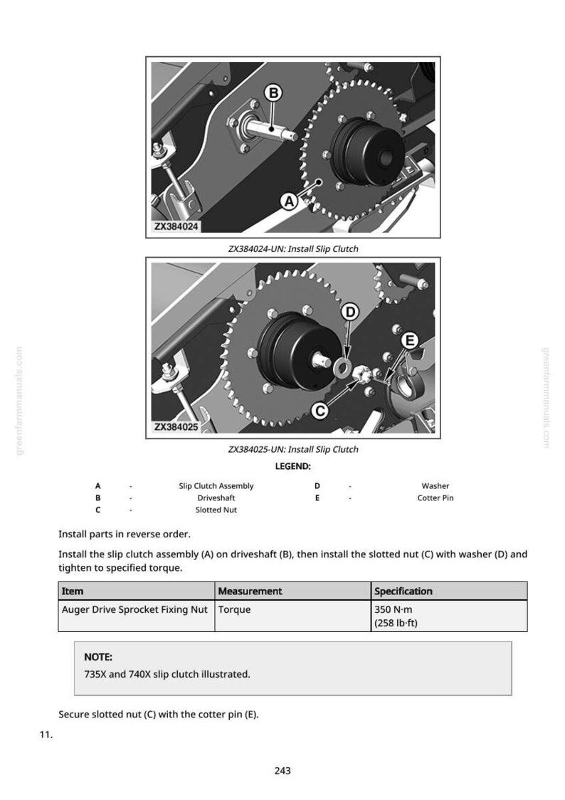 Pu&ograve; includere: Diagramma che illustra l'installazione di un gruppo frizione a slittamento. L'immagine mostra componenti meccanici dettagliati, tra cui un albero motore, un dado scanalato e una coppiglia. Il testo include istruzioni e specifiche di coppia per il dado di fissaggio della ruota dentata della coclea.
