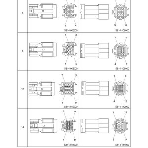 May include: Diagram of electrical connectors with varying pin counts: 6, 8, 12, and 14. Each connector type is shown with both receptacle (female) and plug (male) sides, labeled with part numbers. The image is a technical illustration.