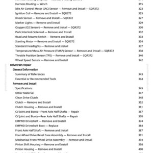 May include: A page from a greenfarmmanuals.com manual, detailing automotive repair procedures. Sections include engine, transmission, and drivetrain repair, with page numbers. The text is in black font.