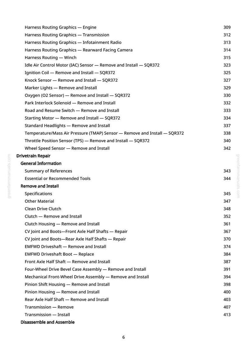 May include: A page from a greenfarmmanuals.com manual, detailing automotive repair procedures. Sections include engine, transmission, and drivetrain repair, with page numbers. The text is in black font.