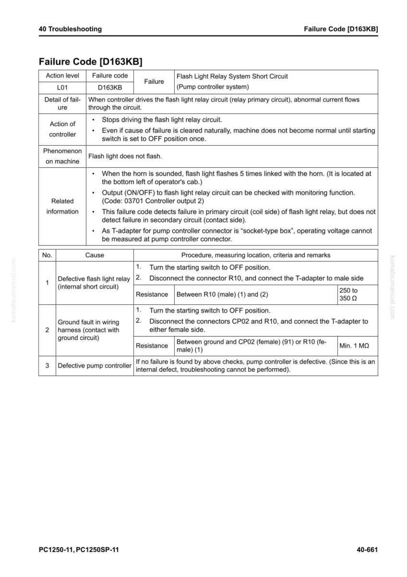 May include: A troubleshooting guide for a flash light relay system, with failure codes and diagnostic steps. The document includes details on causes, procedures, and resistance measurements in Ohms. The text is in black and white.
