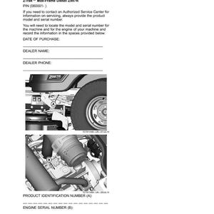 May include: A product identification guide for a ZTrak Max-Frame Diesel Z997R machine. The document includes sections for recording identification numbers, the date of purchase, dealer information, and engine serial number.