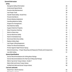 May include: A page from a manual titled "Table of Contents" with a list of safety and maintenance topics. The text is black on a white background, with page numbers on the right. Topics include safety, fuel, and lubricants.