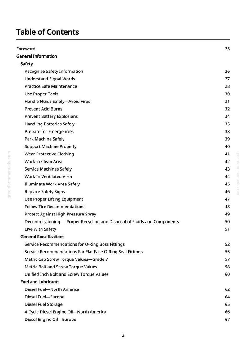 May include: A page from a manual titled "Table of Contents" with a list of safety and maintenance topics. The text is black on a white background, with page numbers on the right. Topics include safety, fuel, and lubricants.