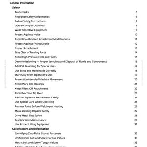 Puede incluir: Una p&aacute;gina blanca titulada "Tabla de Contenidos" de un manual. El texto enumera las pautas de seguridad, incluido el uso de equipo de protecci&oacute;n y la evitaci&oacute;n de riesgos en el lugar de trabajo. Tambi&eacute;n incluye especificaciones e informaci&oacute;n.