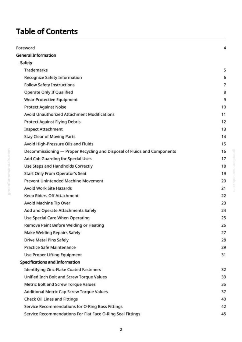 Puede incluir: Una p&aacute;gina blanca titulada "Tabla de Contenidos" de un manual. El texto enumera las pautas de seguridad, incluido el uso de equipo de protecci&oacute;n y la evitaci&oacute;n de riesgos en el lugar de trabajo. Tambi&eacute;n incluye especificaciones e informaci&oacute;n.